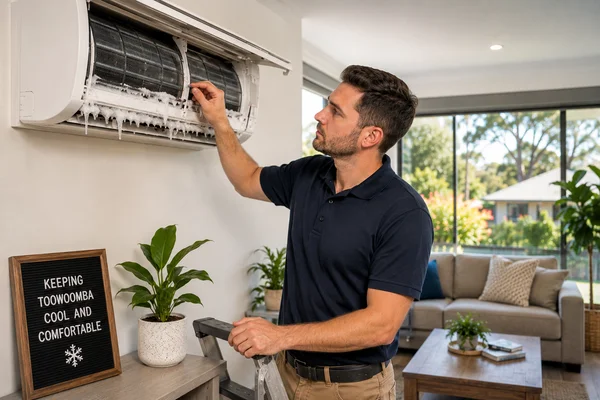 Man cleaning a wall-mounted indoor air conditioner unit in a bright living room; unit cover open and the man reaching inside to remove debris or ice buildup.