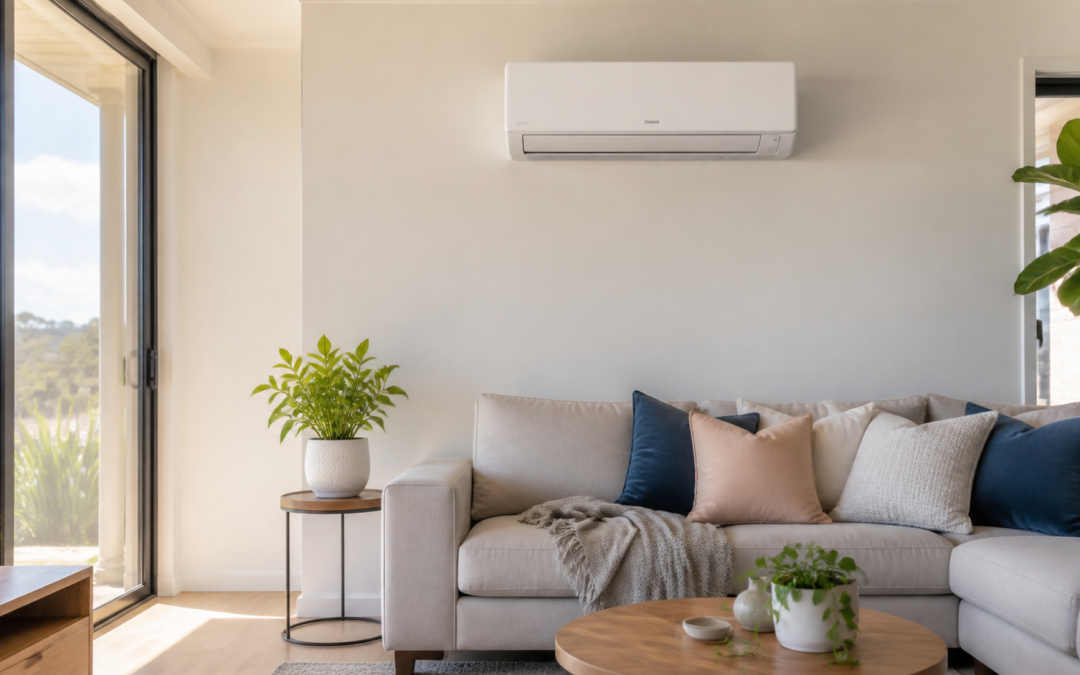 Modern split-system air conditioner in a bright Toowoomba living room.