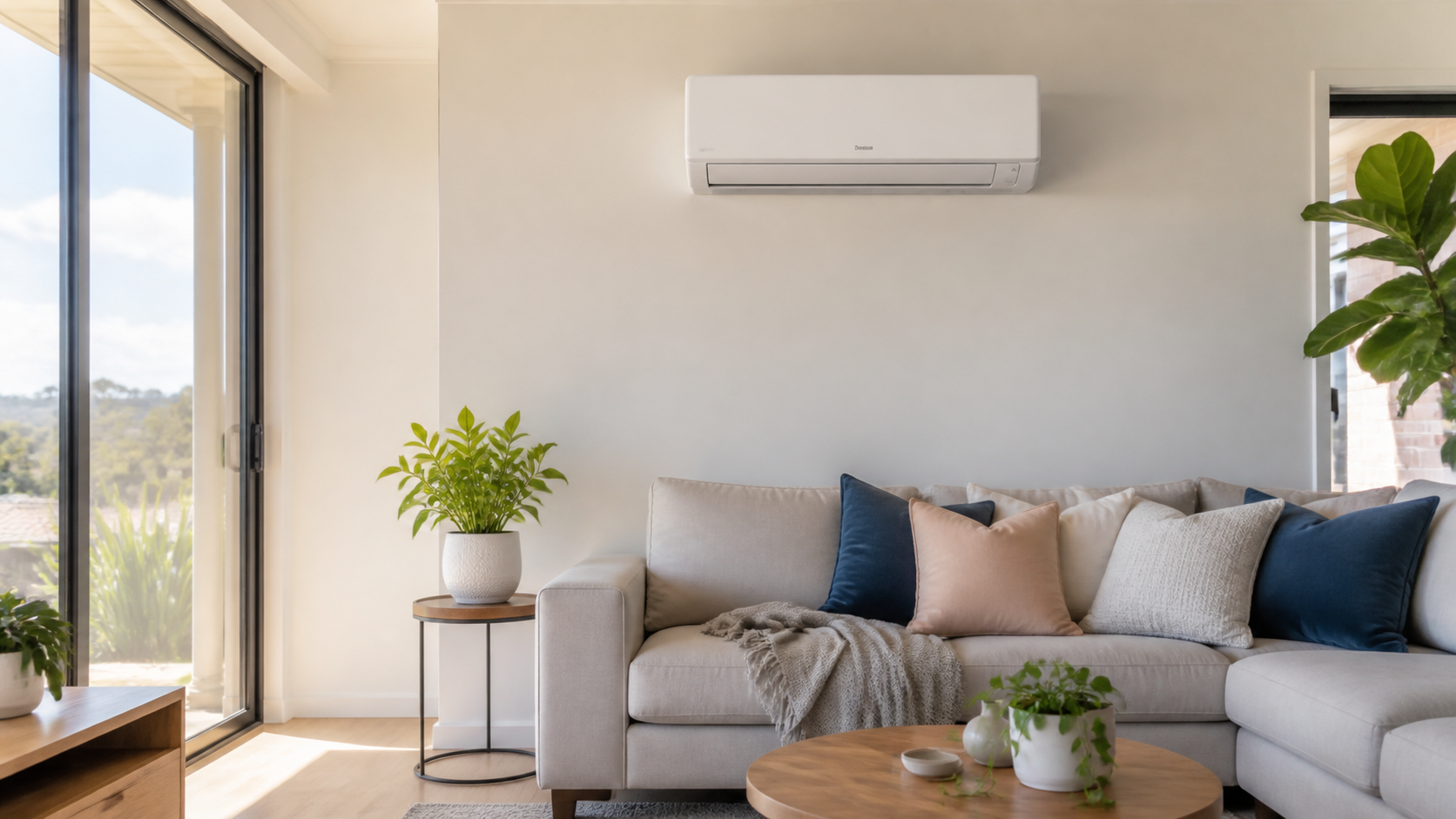 Modern split-system air conditioner in a bright Toowoomba living room.