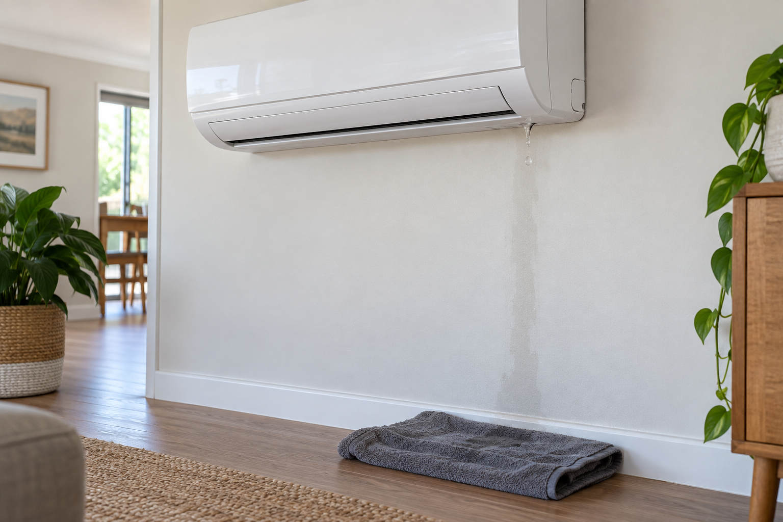 A small water leak from a wall-mounted split-system air conditioner with a towel protecting the floor below